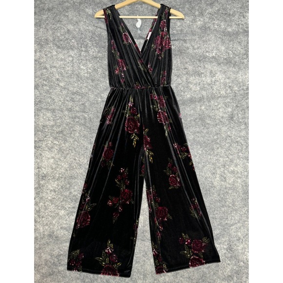 Xhilaration Jumpsuit Womens S Black Velvet Floral Wide Leg Whimsigoth Romper - Picture 1 of 8